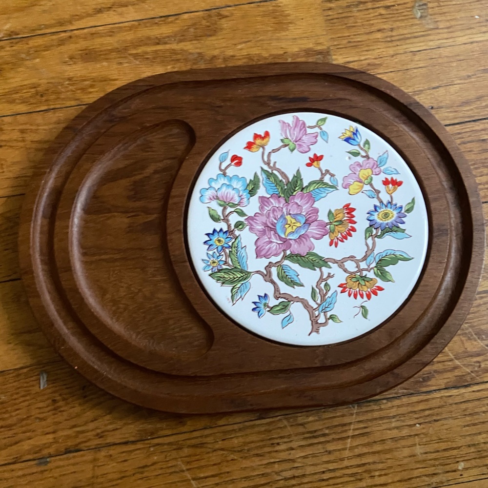 Vintage mid century modern dolphin teakwood & floral tile oval trivet valet tray